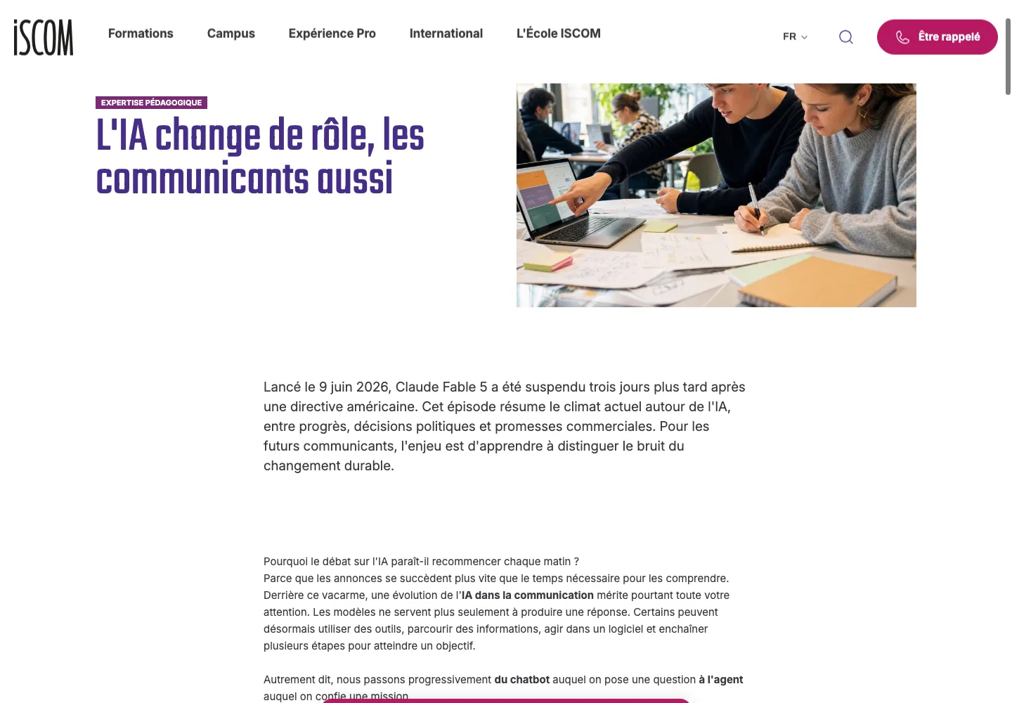 Article publié sur iscom.fr : titre, date et introduction visibles sur la page publique.