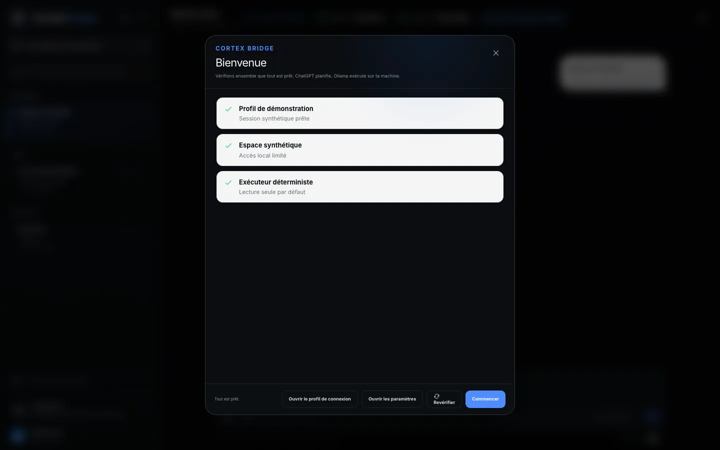Onboarding public de Cortex Bridge : choix du dossier local et consentement avant toute exécution.