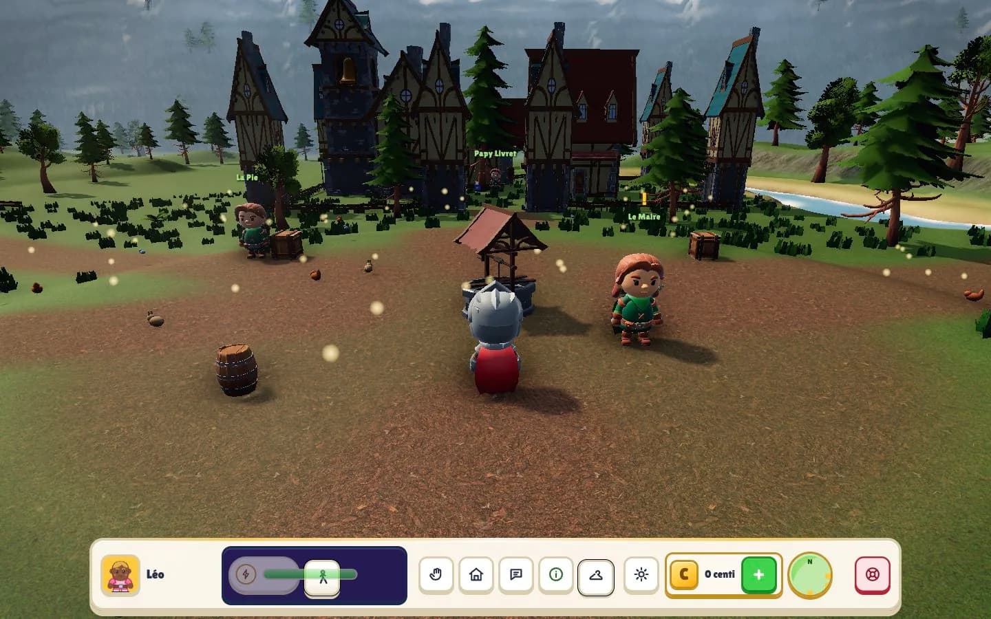 V2 : monde 3D, personnages, HUD et économie visibles dans la boucle locale jouable.