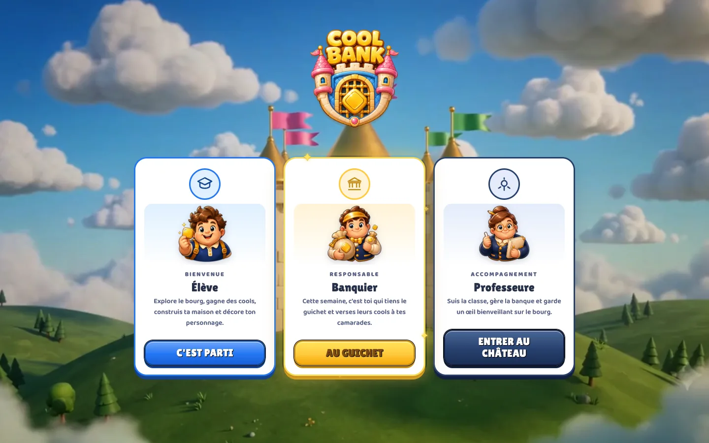 V3 : élève, banquier et professeure entrent avec des responsabilités différentes.