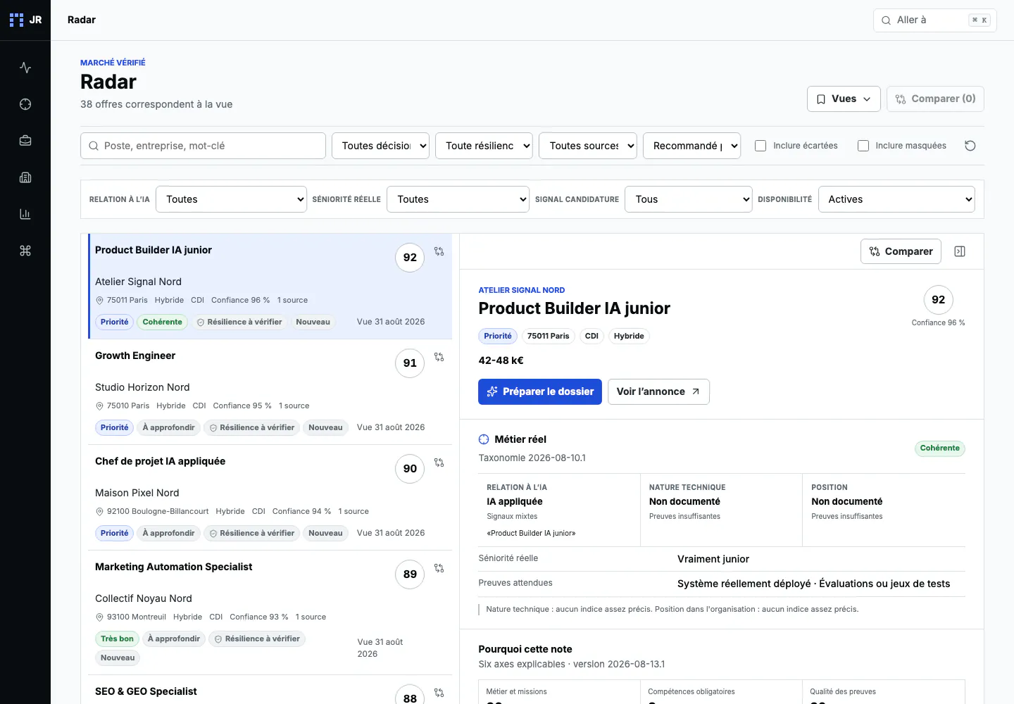 Interface actuelle du Radar : liste, détail, score, confiance et raisons de la note, sur des données fictives.