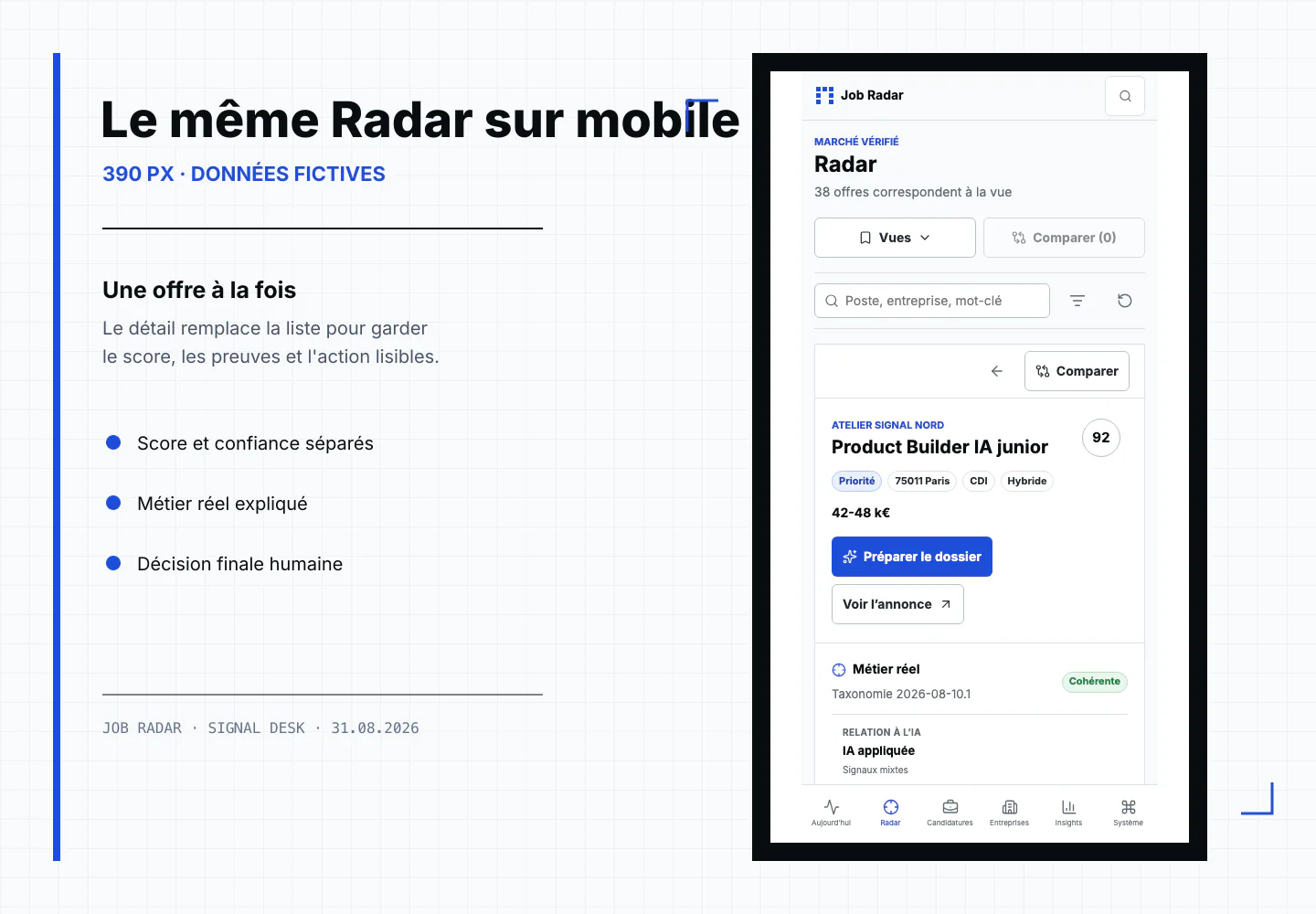 Radar mobile : détail d'une offre et raisons de la note sur 390 px, avec des données fictives.