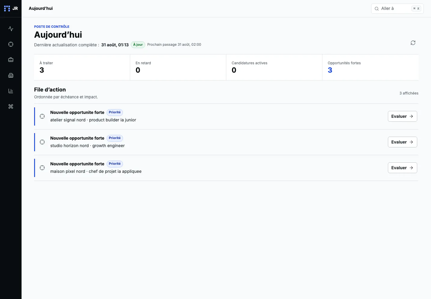 Vue Aujourd'hui : trois opportunités fortes et une file d'action courte, sur des données fictives.