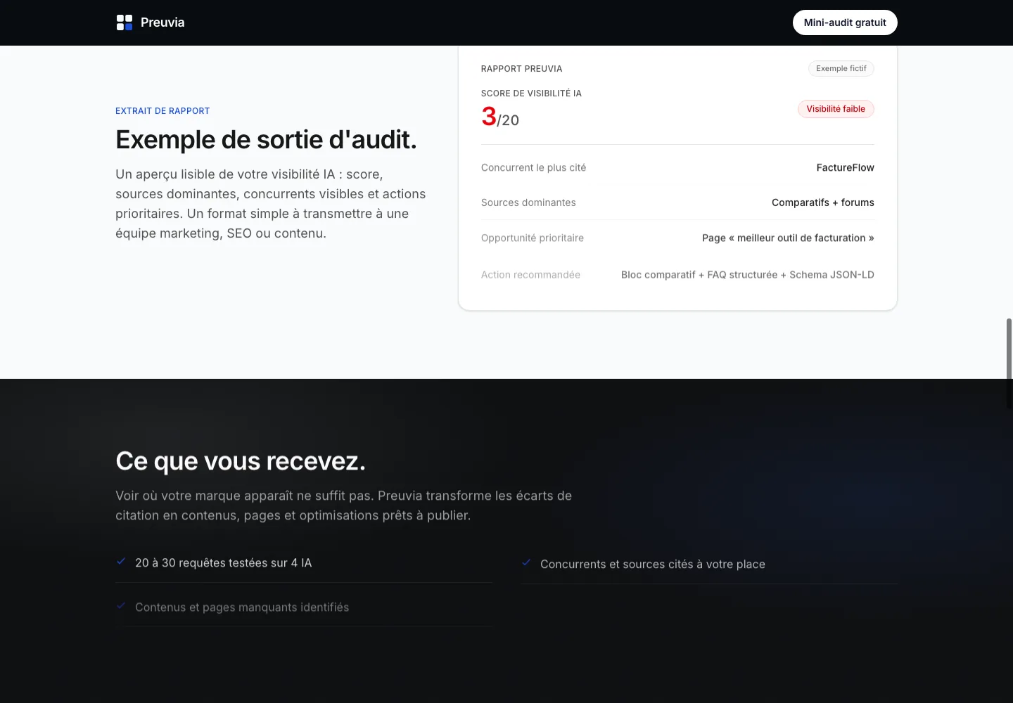 Exemple fictif du livrable public : sources citées, manque observé et actions proposées, sans résultat client inventé.
